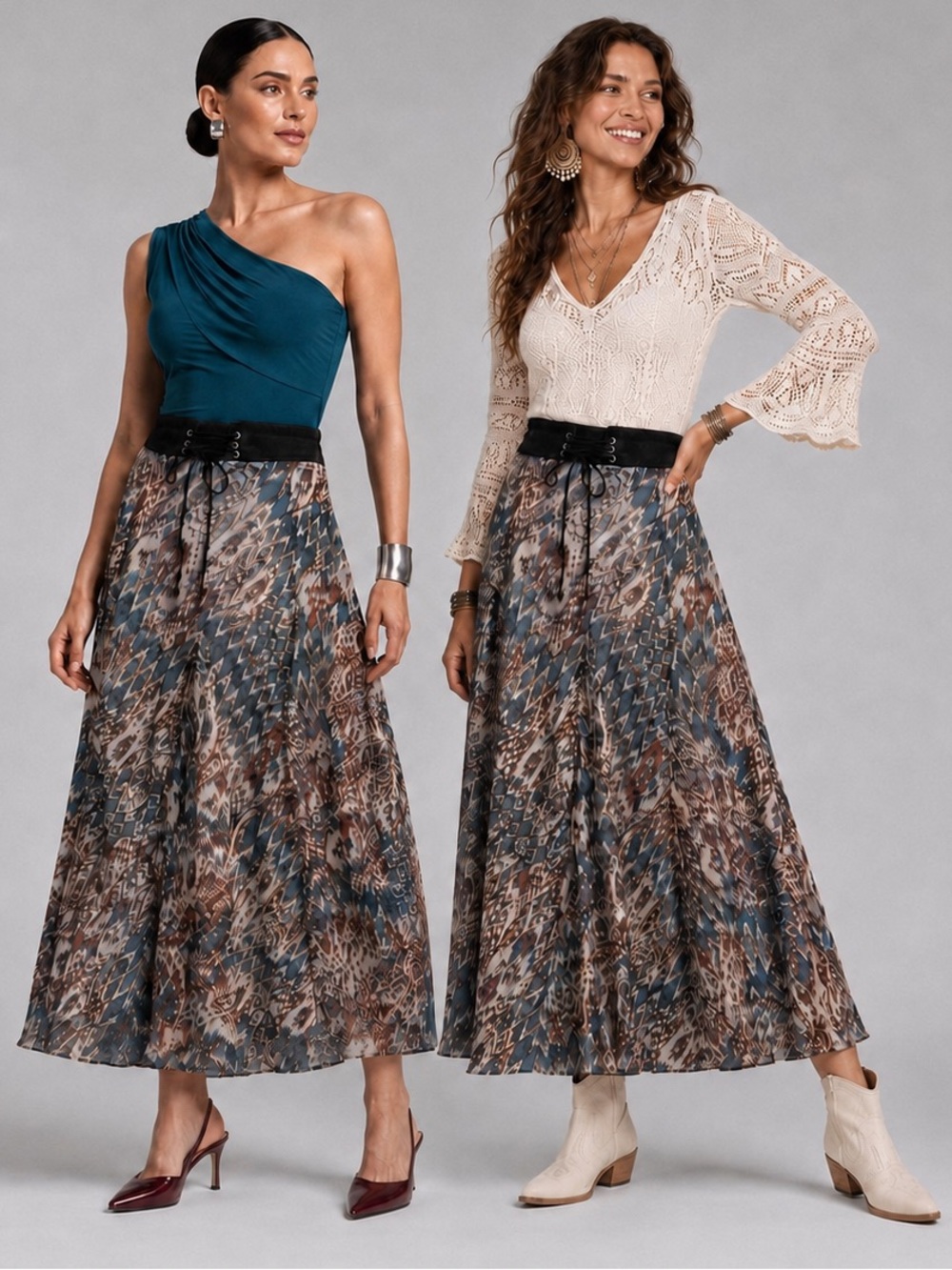 Abstract Aztec Print Lace Up Corset Waist Maxi Skirt Womens SZ S Costal Cowgirl